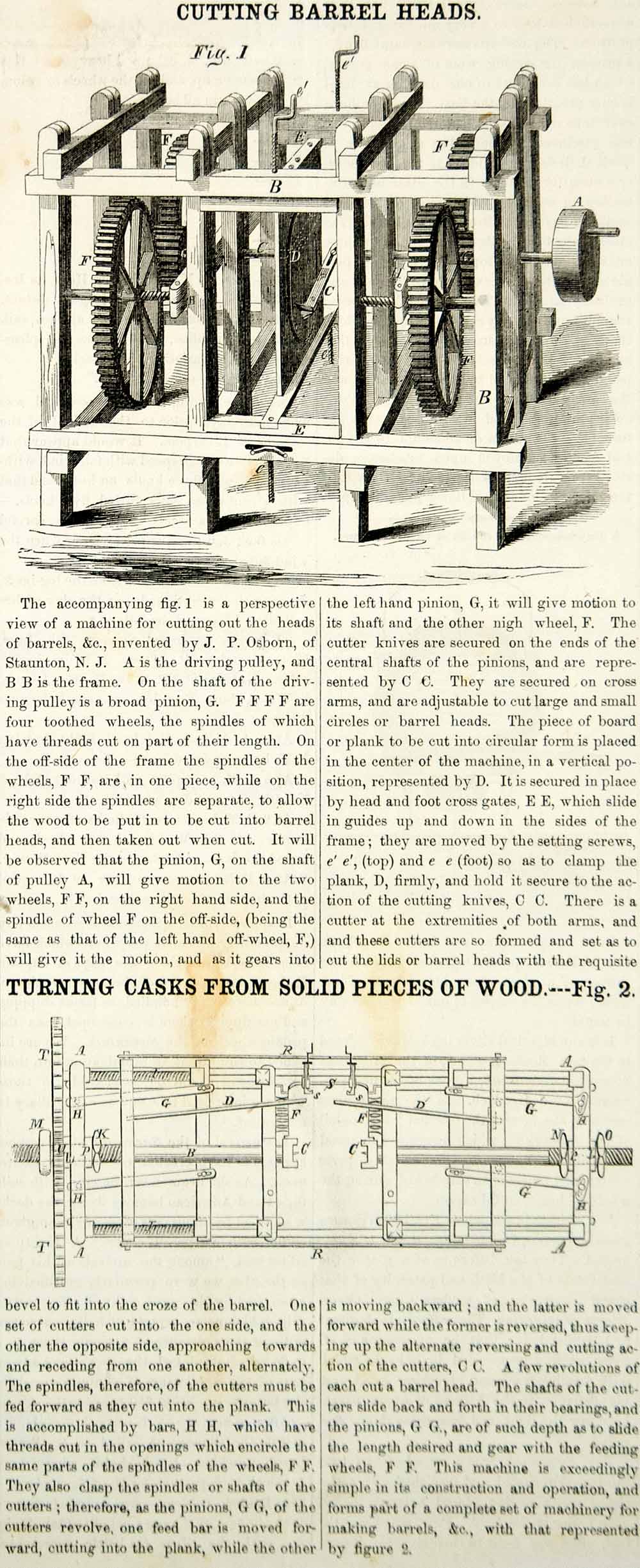 1854 Wood Engraving Antique Wooden Barrel Making Casks Cooperage Machine YSA2