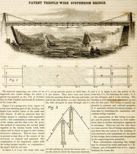1854 Wood Engraving Wire Trestle Suspension Bridge Engineering Invention YSA2