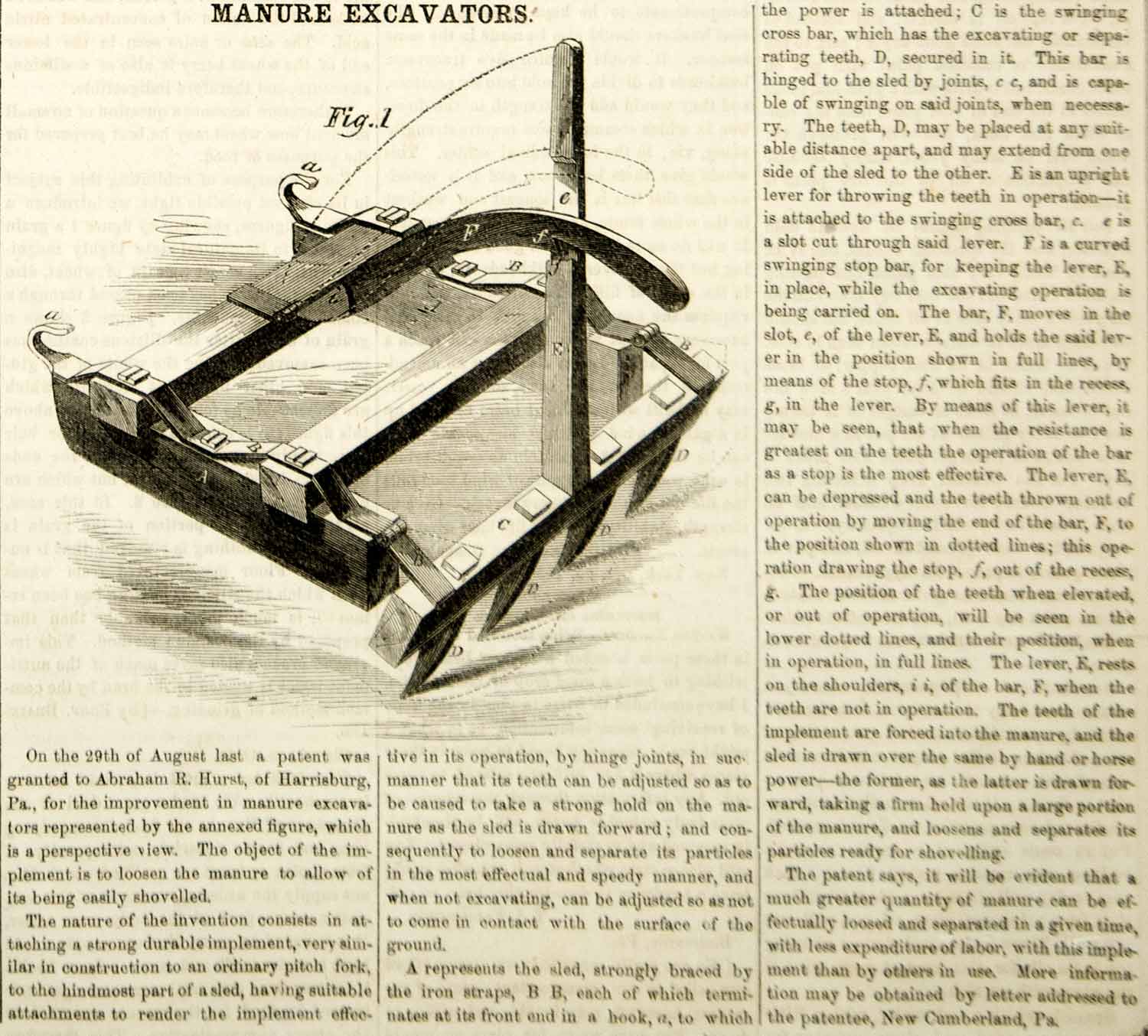 1855 Wood Engraving Manure Excavator Farm Implement Abraham Hurst Invention YSA2