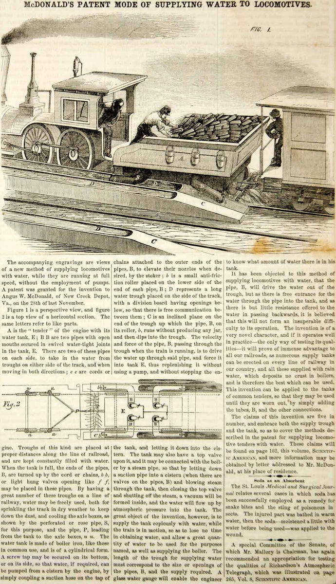 1855 Wood Engraving Antique Steam Train Locomotive Water Supply Tank T ...