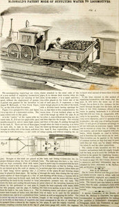 1855 Wood Engraving Antique Steam Train Locomotive Water Supply Tank Tender YSA2