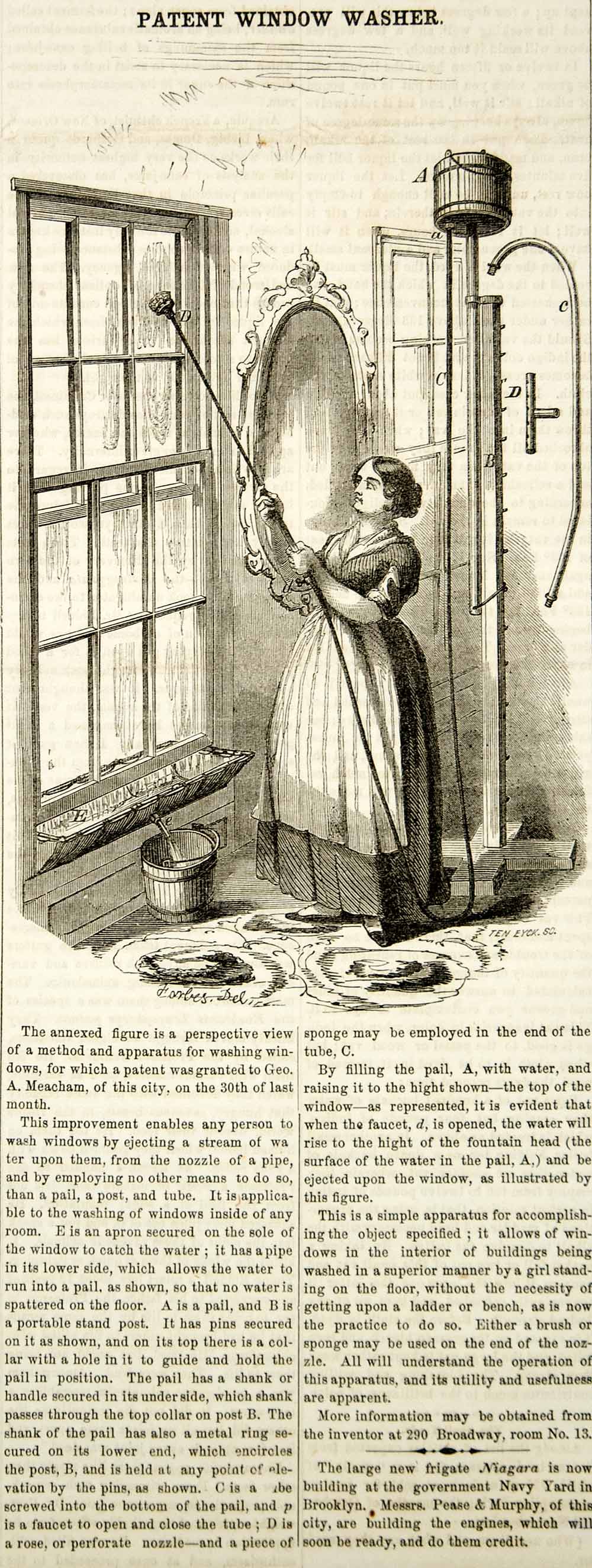 1855 Wood Engraving Antique Window Washer Washing Victorian Home Invention YSA2