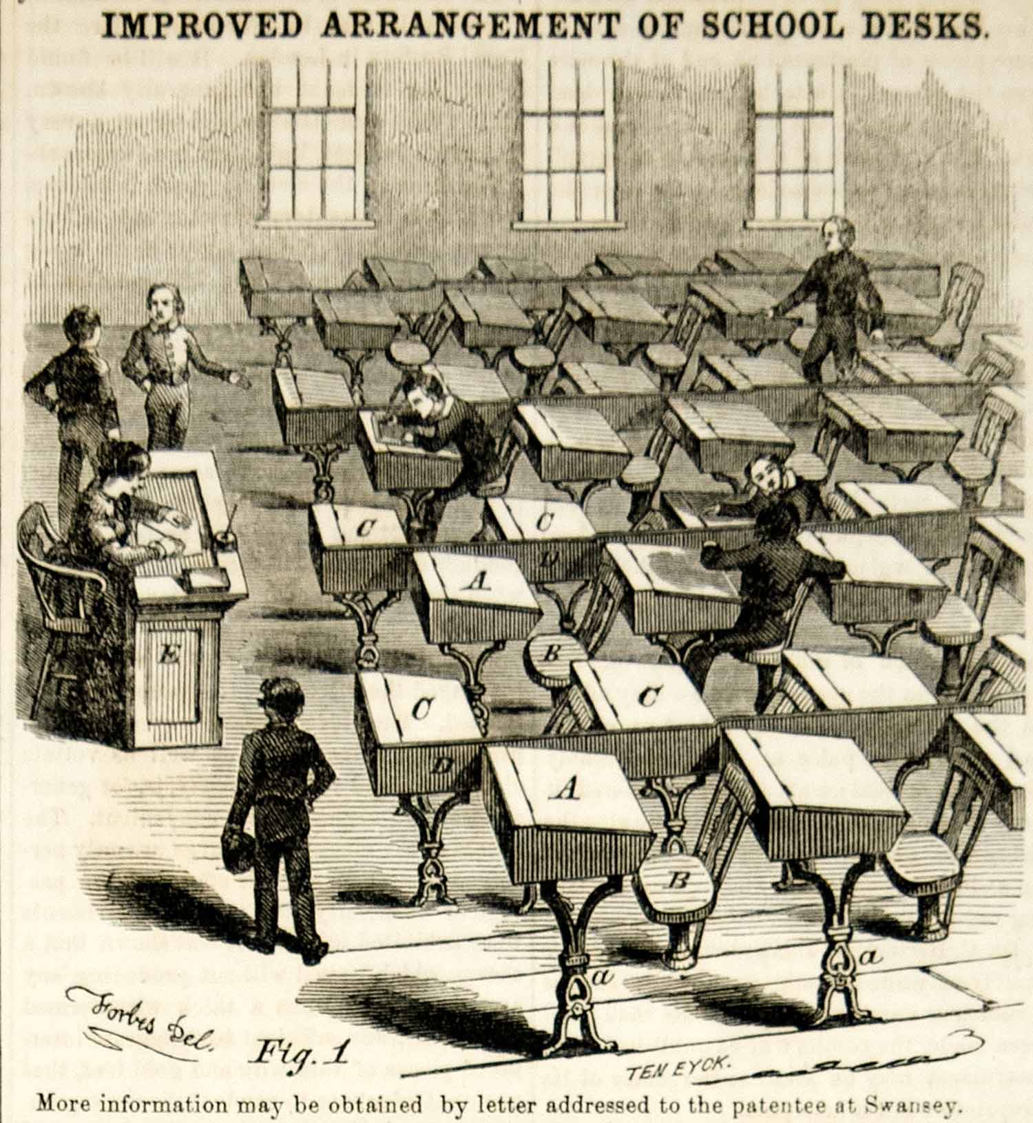 1855 Wood Engraving Victorian Schoolroom Classroom School Desks Students YSA2
