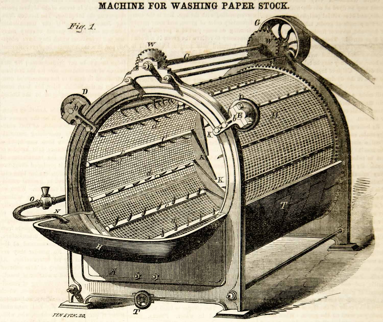 1855 Wood Engraving Paper Stock Washing Machine Horace W. Peaslee Invention YSA2