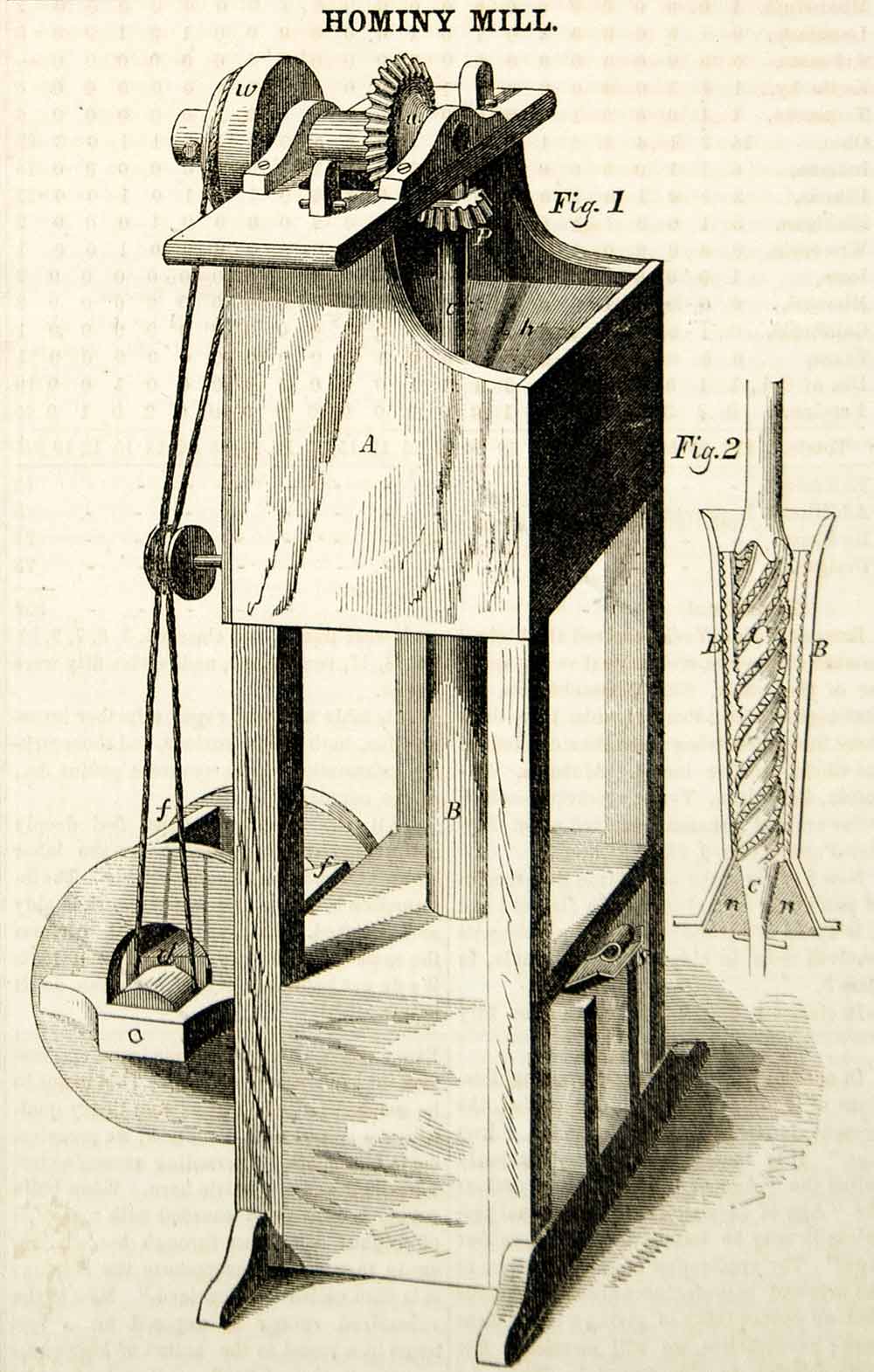 1855 Wood Engraving Antique Hominy Mill Machine Grain Victorian Invention YSA2