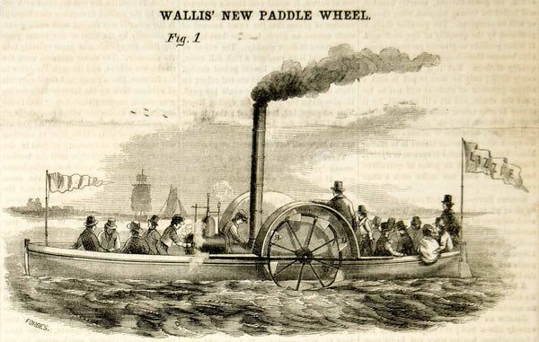 1915年製 STEAMBOAT WAVE BACK 1855 Wood Engraving Paddlewheel Steamer Boat John Upham Wallis