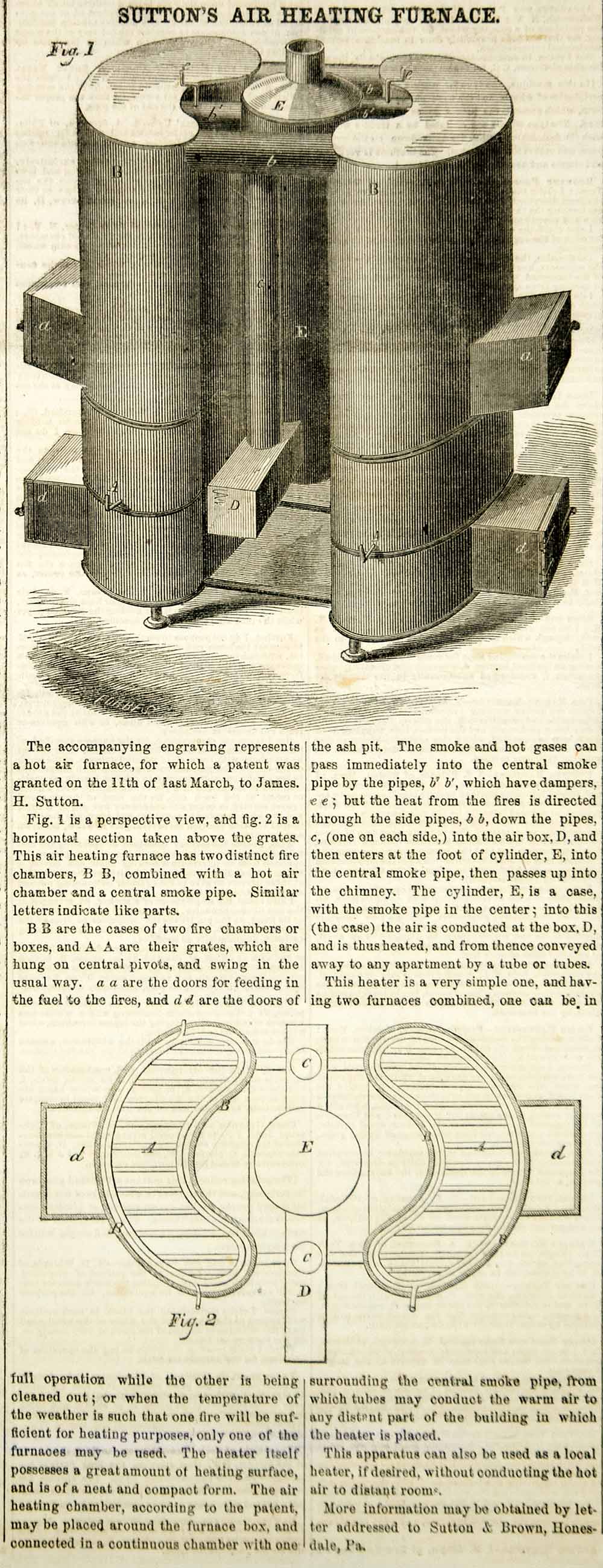 1855 Wood Engraving Hot Air Furnace Heater Heating James H Sutton Inve ...