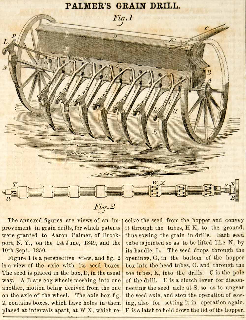 old fashioned seed planter 1855 Wood Engraving Antique Grain Drill Seed Planter Aaron Palmer Invention YSA2