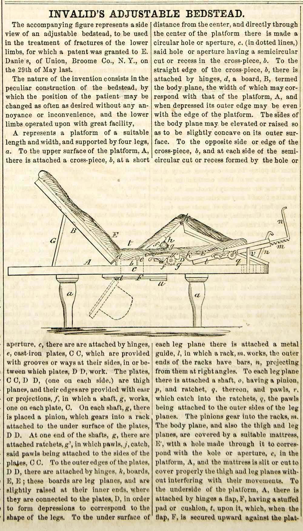 1855 Wood Engraving Antique Hospital Bed Adjustable Medical Invention Sick YSA2