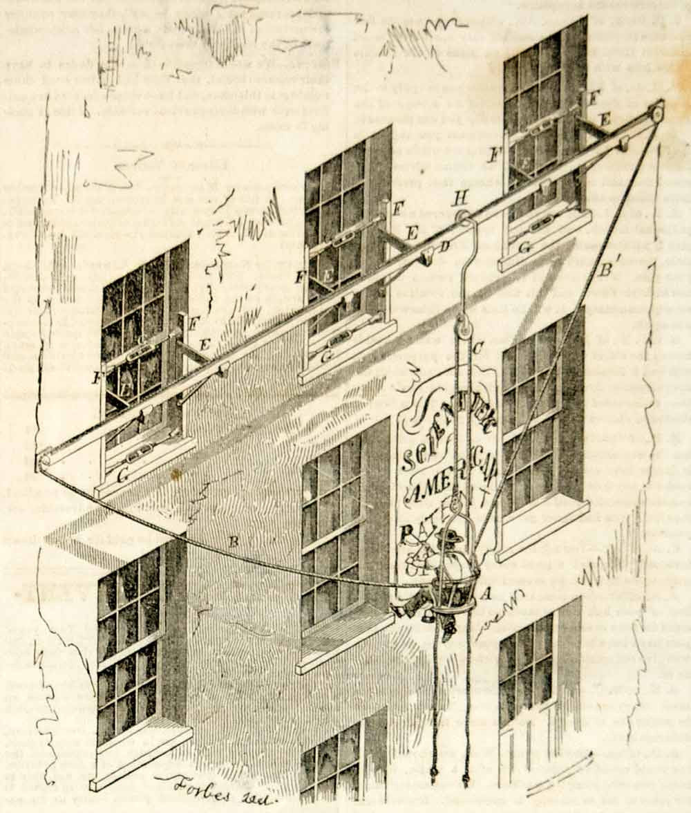 1855 Wood Engraving Building Scaffolding Painting Victorian Invention YSA2