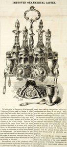 1856 Wood Engraving Victorian Ornamental Caster Egg Cups Spoon Dining Table YSA2