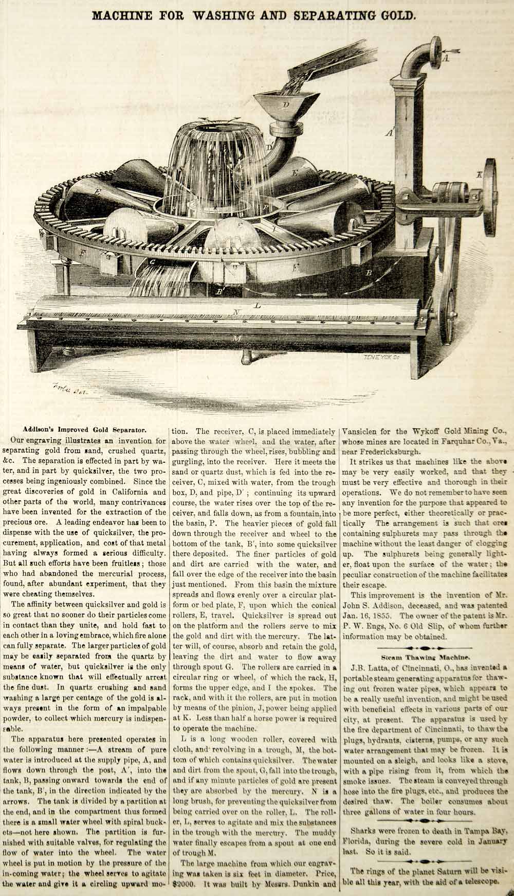 1856 Wood Engraving Antique Gold Rush Ore Washing Separating Machine Mining YSA2
