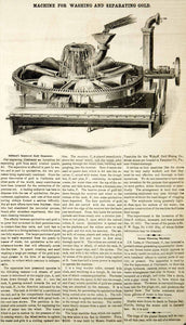1856 Wood Engraving Antique Gold Rush Ore Washing Separating Machine Mining YSA2
