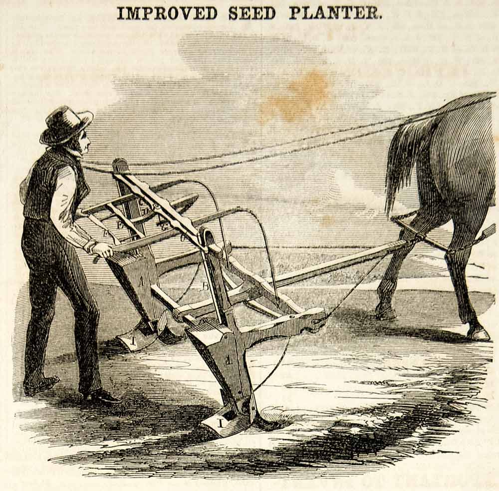 1856 Wood Engraving Antique Seed Planter Corn Grain Farming Agriculture YSA2