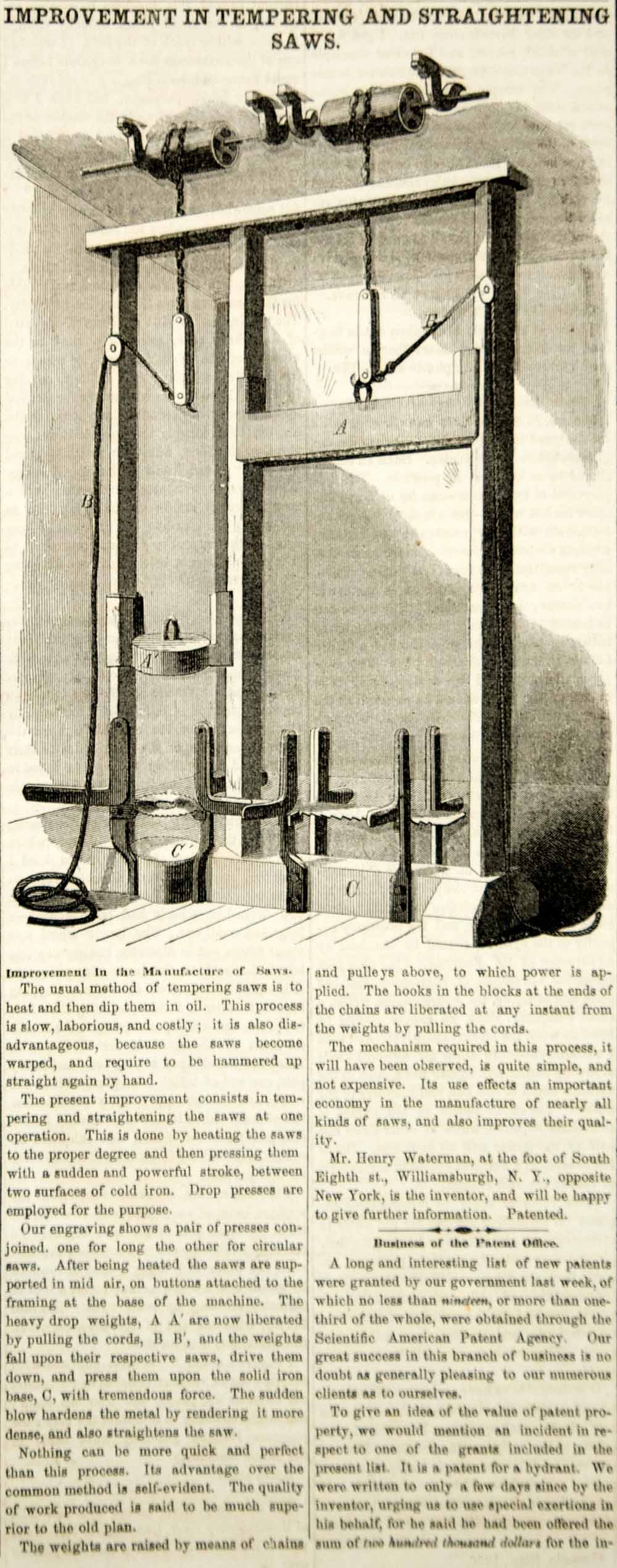 1856 Wood Engraving Tempering Straighten Saws Victorian Machine Invention YSA2