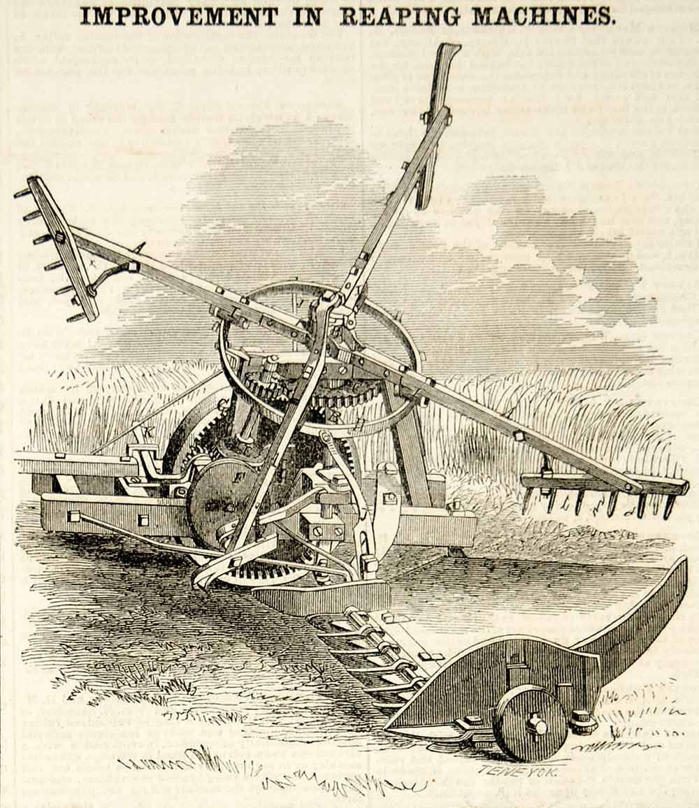 1856 Wood Engraving Reaping Machine Raking Attachment Farming Implement YSA2
