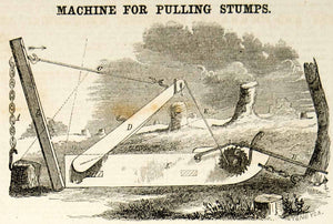 1856 Wood Engraving Antique Stump Puller Victorian Invention Farm Field YSA2
