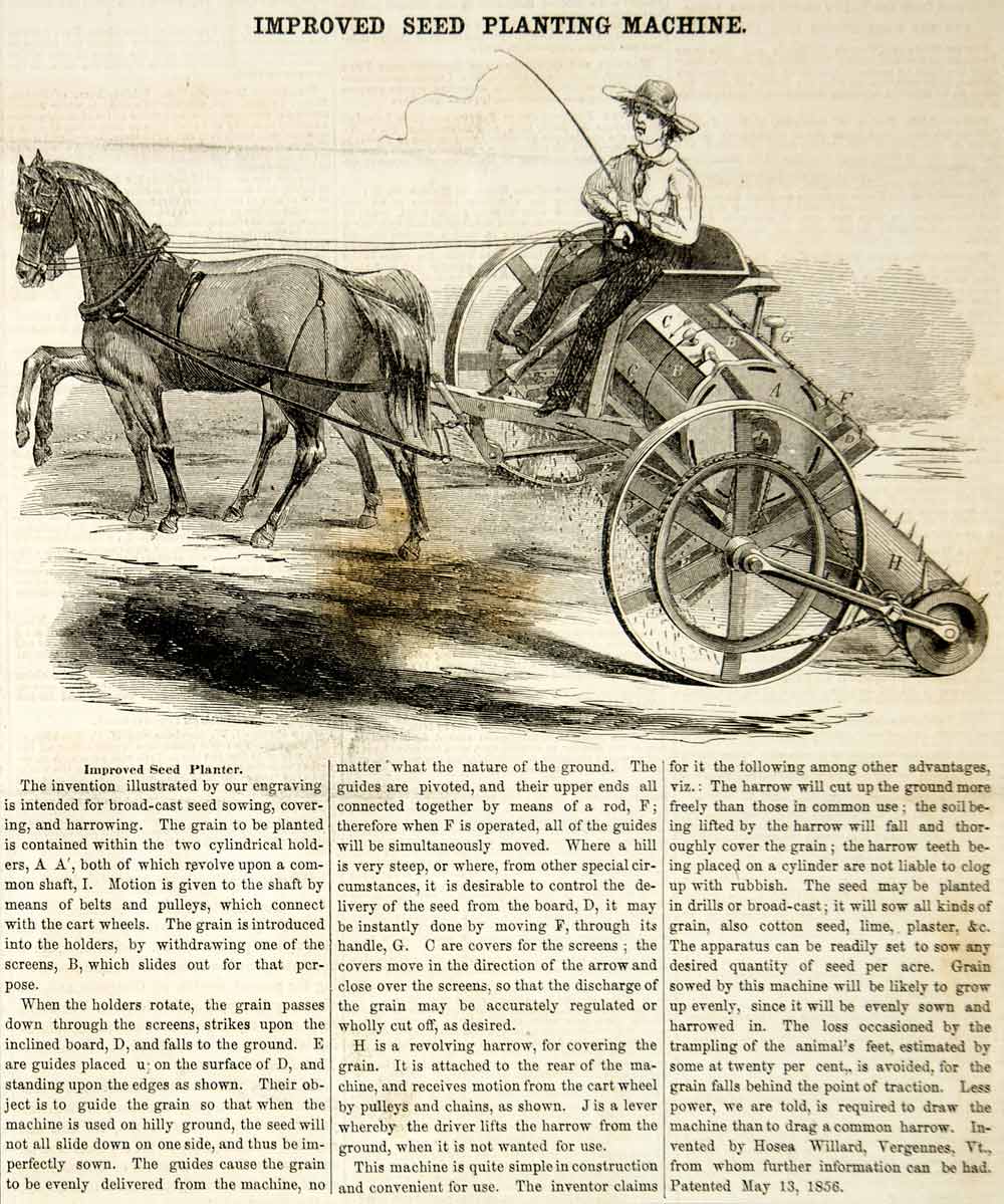 horse drawn seed planter 1856 Wood Engraving Antique Seed Planter Harrow Farming Victorian Inve