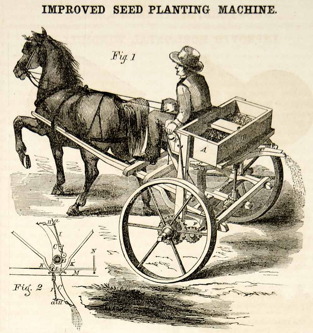 1856 Wood Engraving Antique Seed Planting Machine Horse Farmer Victorian YSA2