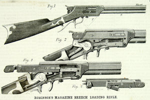 1871 Wood Engraving Robinson's Magazine Breech Loading Rifle Hunting Gun YSA3