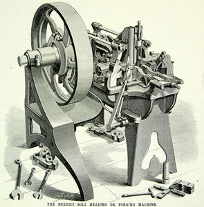 1871 Wood Engraving Burdict Bolt Heading Forging Machine Invention Antique YSA3