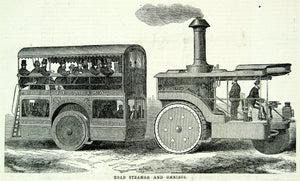 1871 Wood Engraving Road Steamer Omnibus Steam Train Antique Invention YSA3