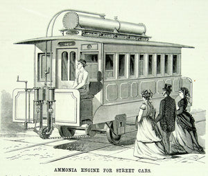 1871 Wood Engravings Streetcar Ammonia Engine Emile Lamm Invention Antique YSA3