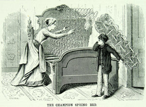 1871 Wood Engraving Champion Steel Spring Bed Mattress Victorian Invention YSA3