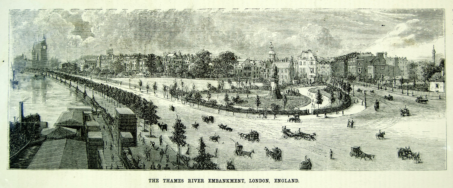 1871 Wood Engraving Thames River Embankment London City Park Street Antique YSA3