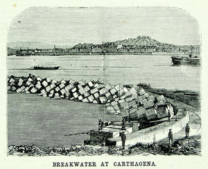 1871 Wood Engraving Cartagena Spain Breakwater Artificial Stone Manufacture YSA3