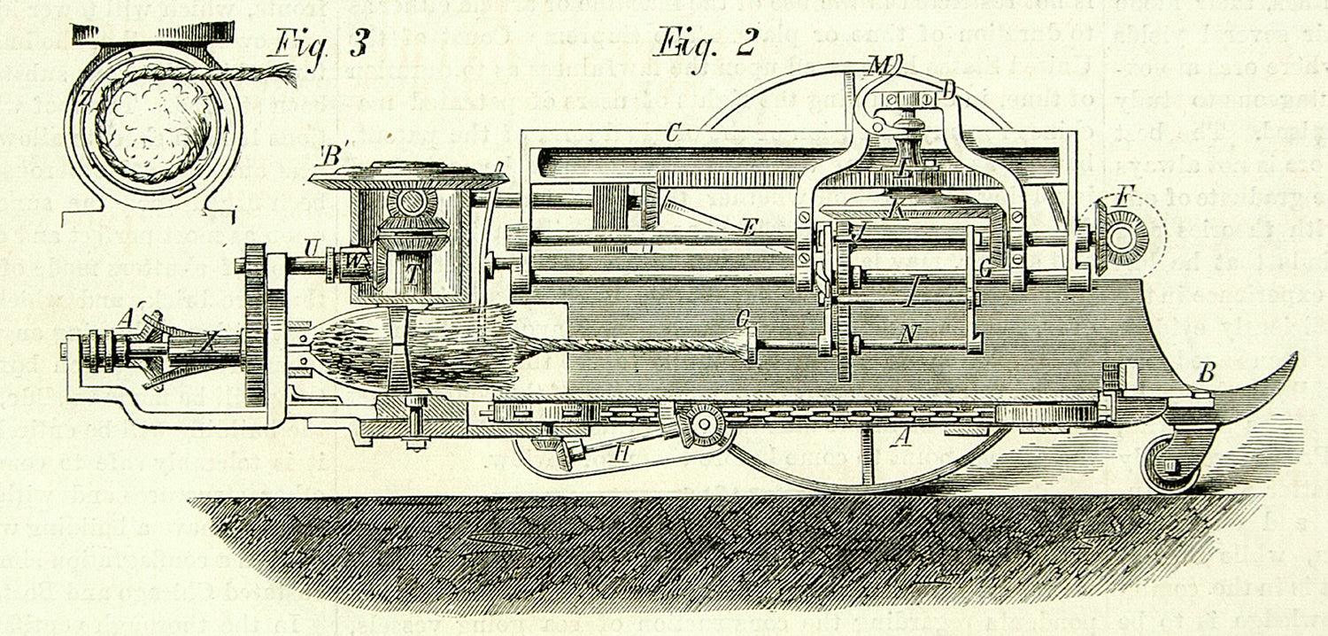 1873 Wood Engraving Antique Harvester Machine Grain Binder Invention Horses YSA3
