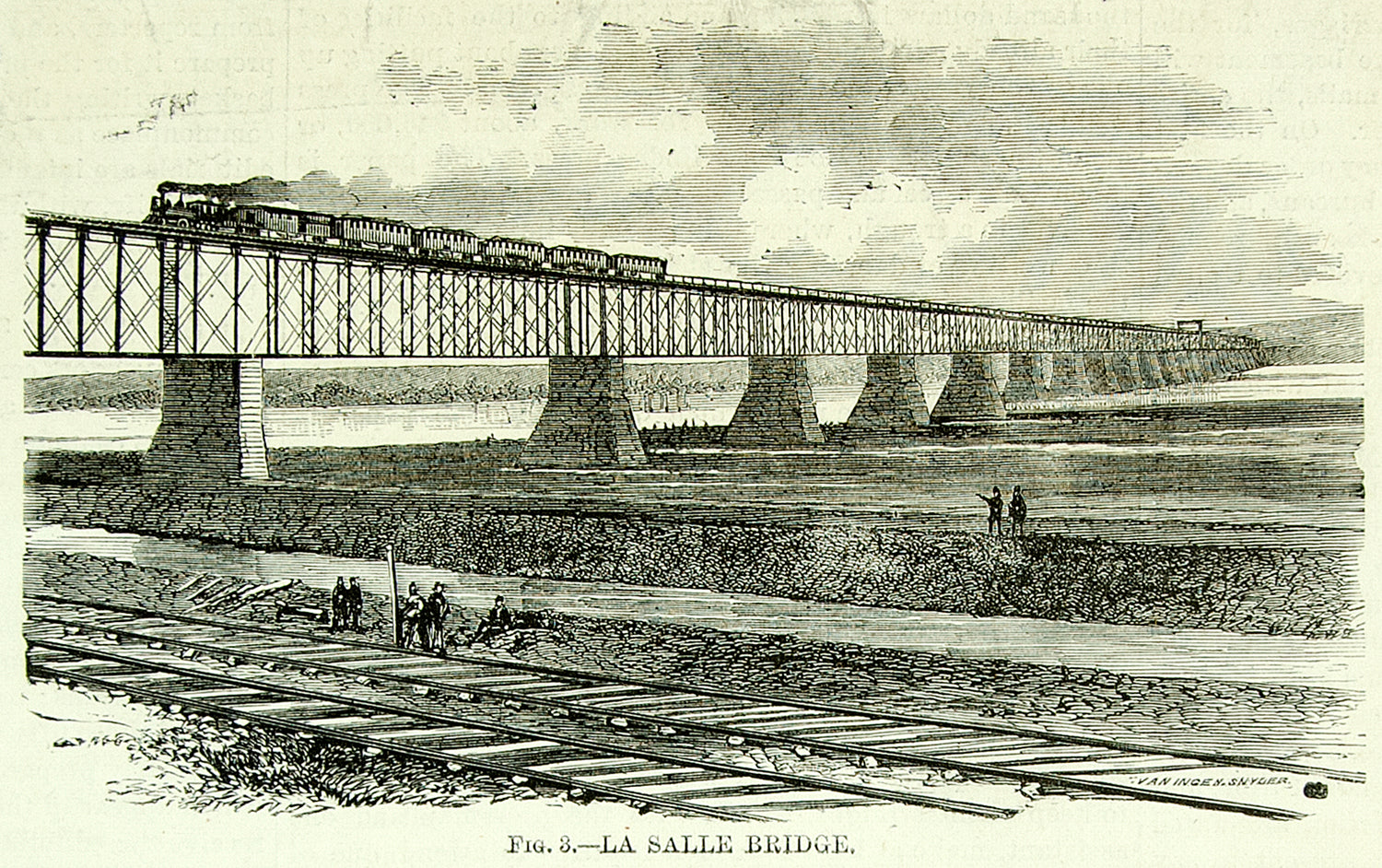 1873 Wood Engraving Railroad Bridge Illinois River La Salle Clarke Reeves YSA3