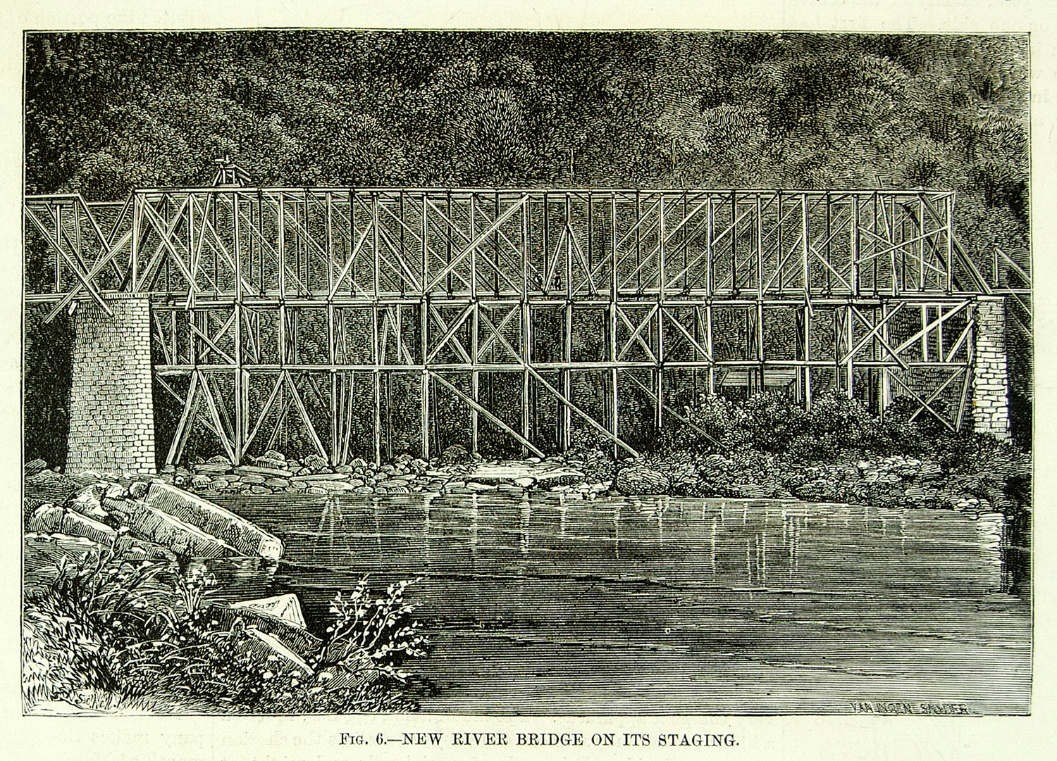 1873 Wood Engraving New River Railroad Bridge West Virginia Clarke Reeves YSA3