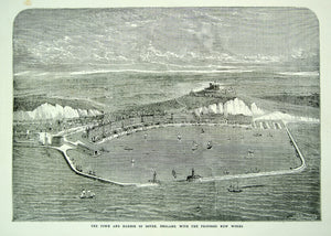1873 Wood Engraving Dover England Harbor Pier Bird's Eye View White Cliffs YSA3