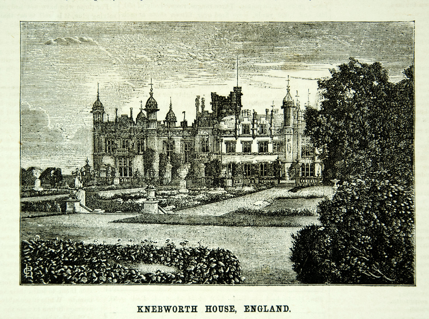 1875 Wood Engravings Knebworth House Gardens Lytton Family Home England YSA4