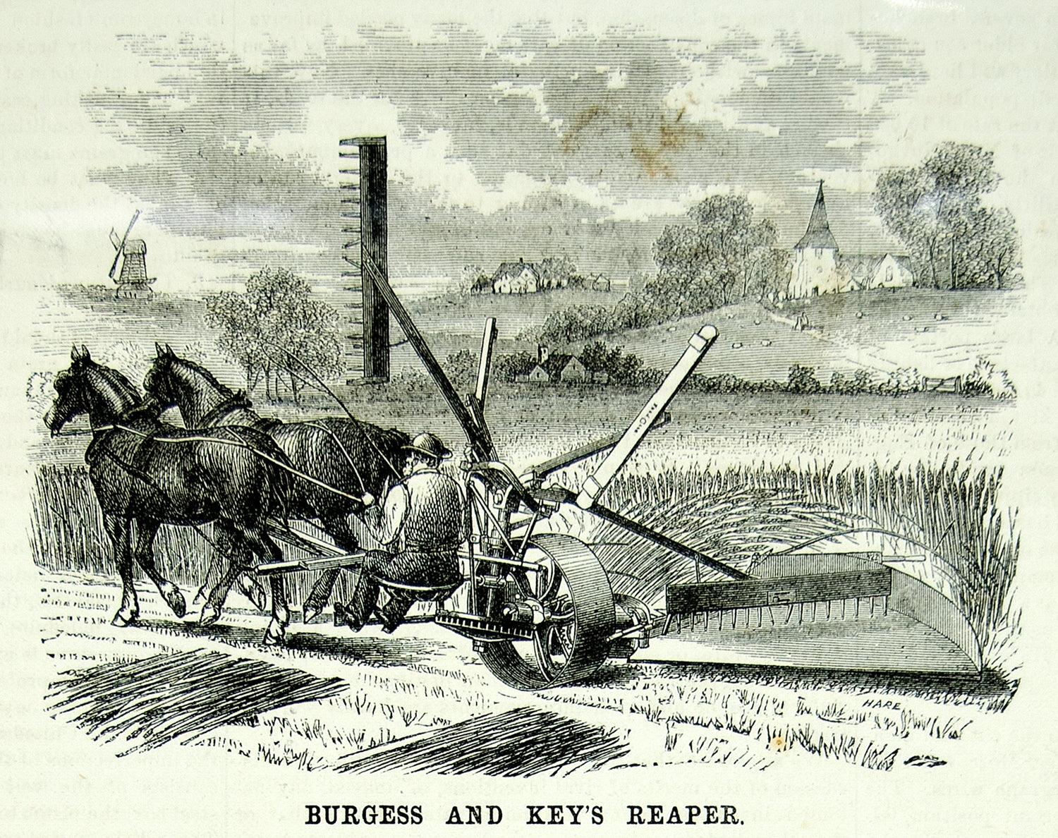 1875 Wood Engraving Reaper Burgess & Key Horse-Drawn Antique Farm Machine YSA4