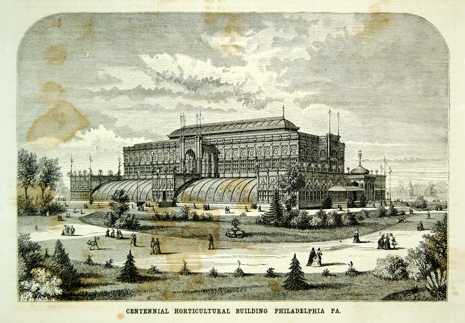 1875 Wood Engraving Centennial Horticultural Building Philadelphia 1876 YSA4