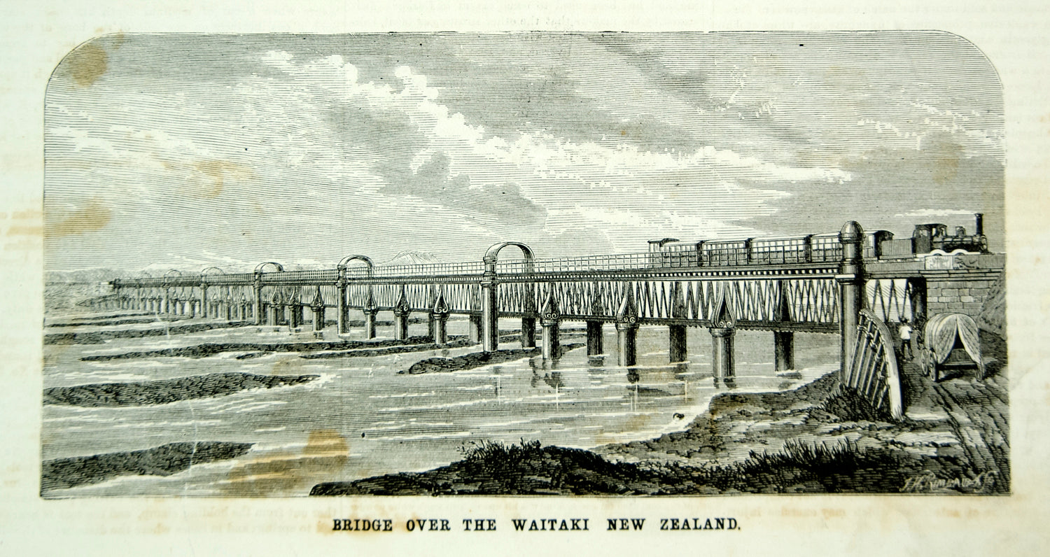 1875 Wood Engraving Waitaki River Railroad Bridge New Zealand Historic YSA4