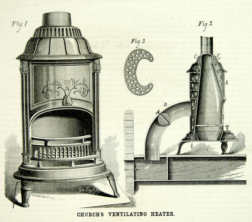 1875 Wood Engraving Antique Ventilating Heater Stove Heating Parkersburg WV YSA4