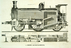 1875 Wood Engraving Antique British Steam Locomotive Train Cutaway View YSA4