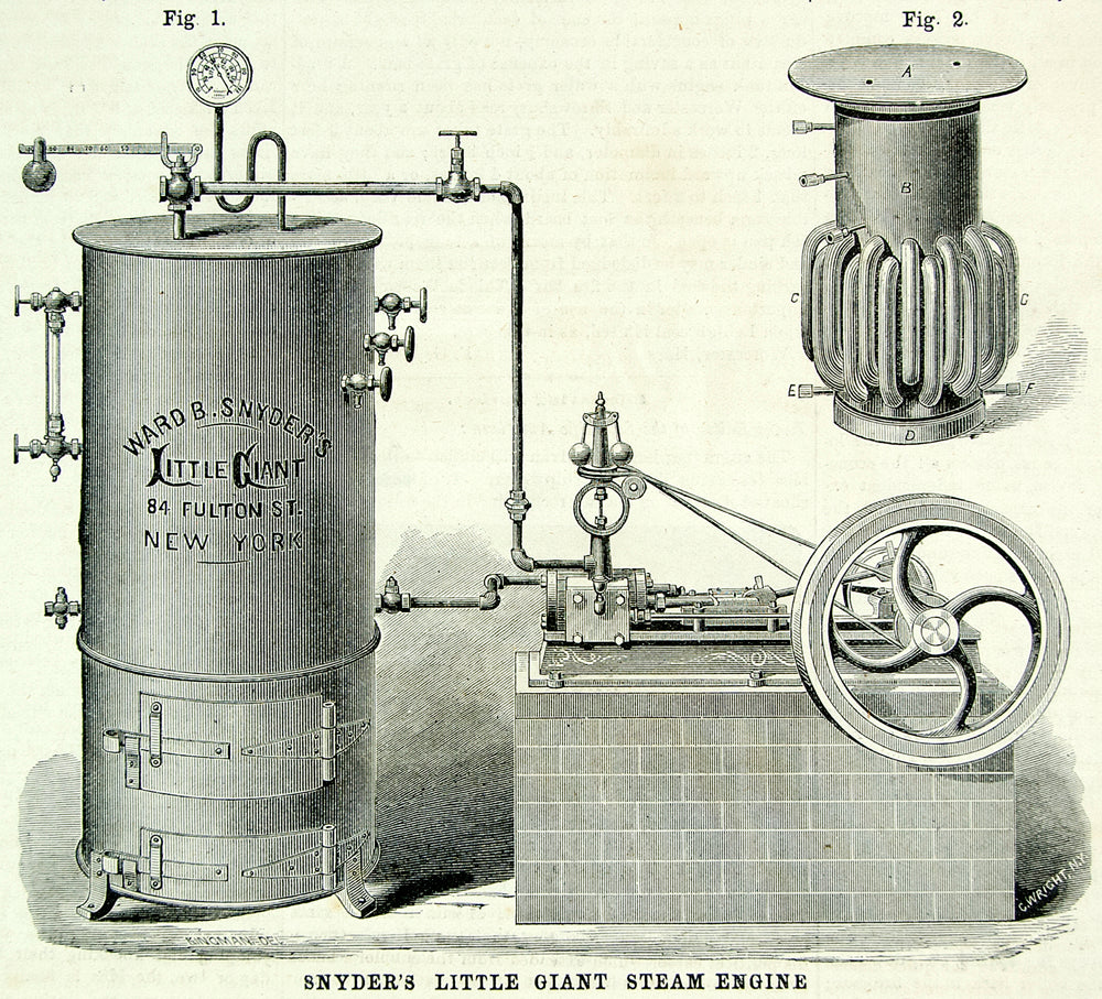 1875 Wood Engraving Ward B. Snyder Little Giant Steam Engine Antique Print YSA4