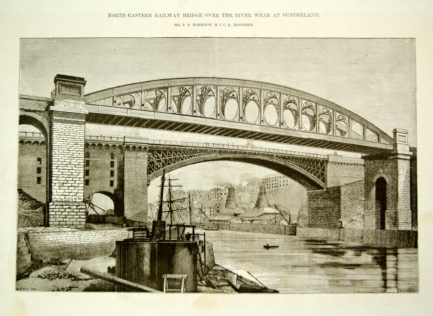 1881 Wood Engraving Monkwearmouth Railroad Bridge Train River Wear England YSA4