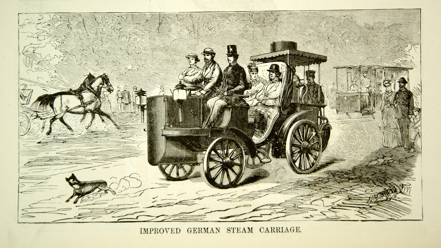 1881 Engraving German Steam Engine Powered Carriage Car Antique Automobile YSA4