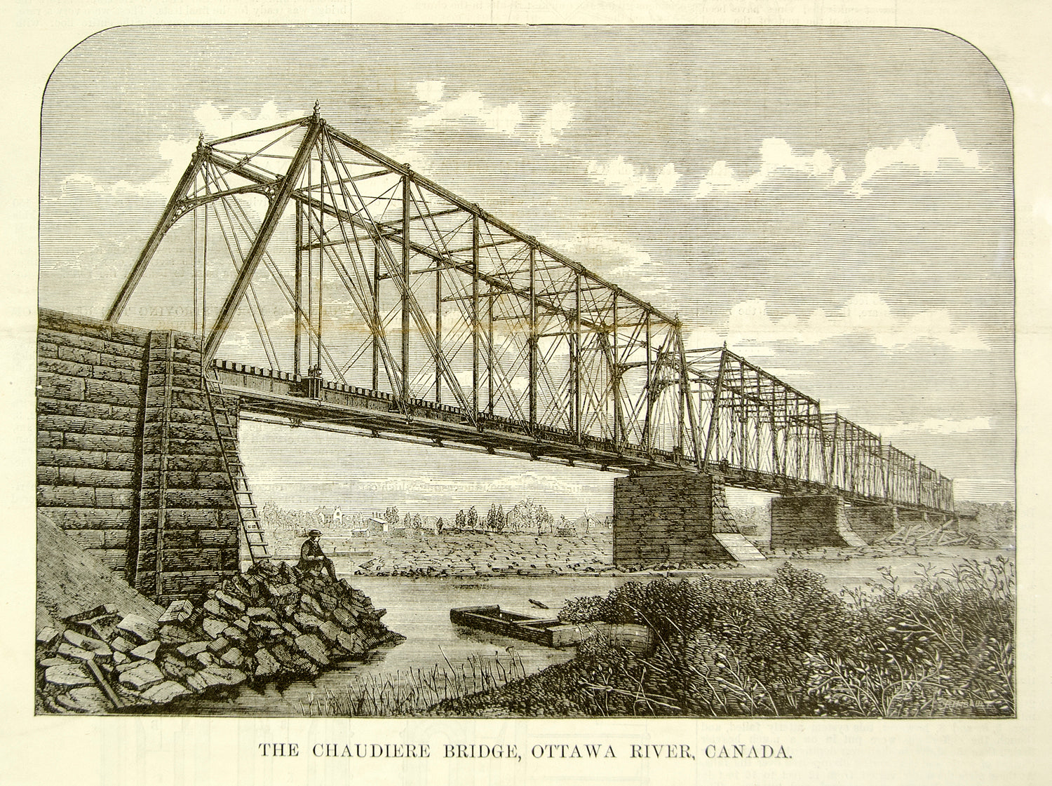 1881 Wood Engraving Prince of Wales Railroad Bridge Ottawa River Canada YSA4