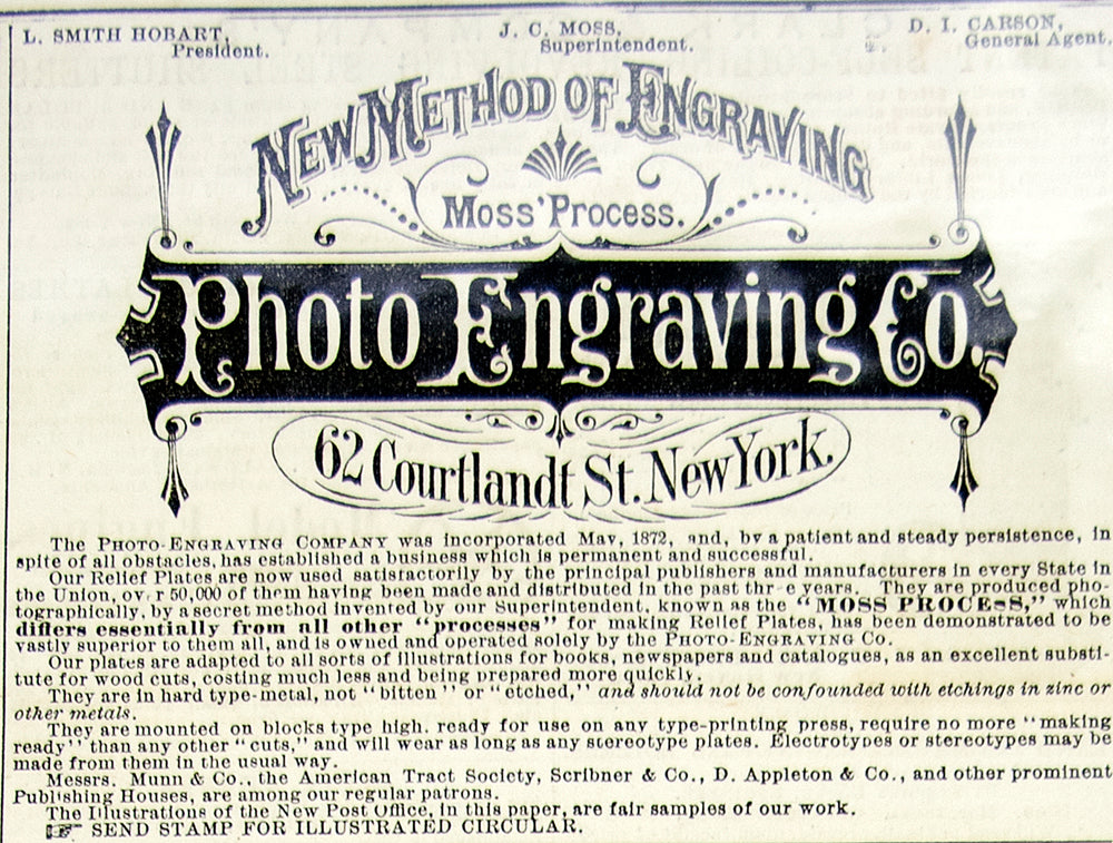 1875 Ad Moss Process Photo Engraving Co. 62 Courtland Street NYC Printing YSA4