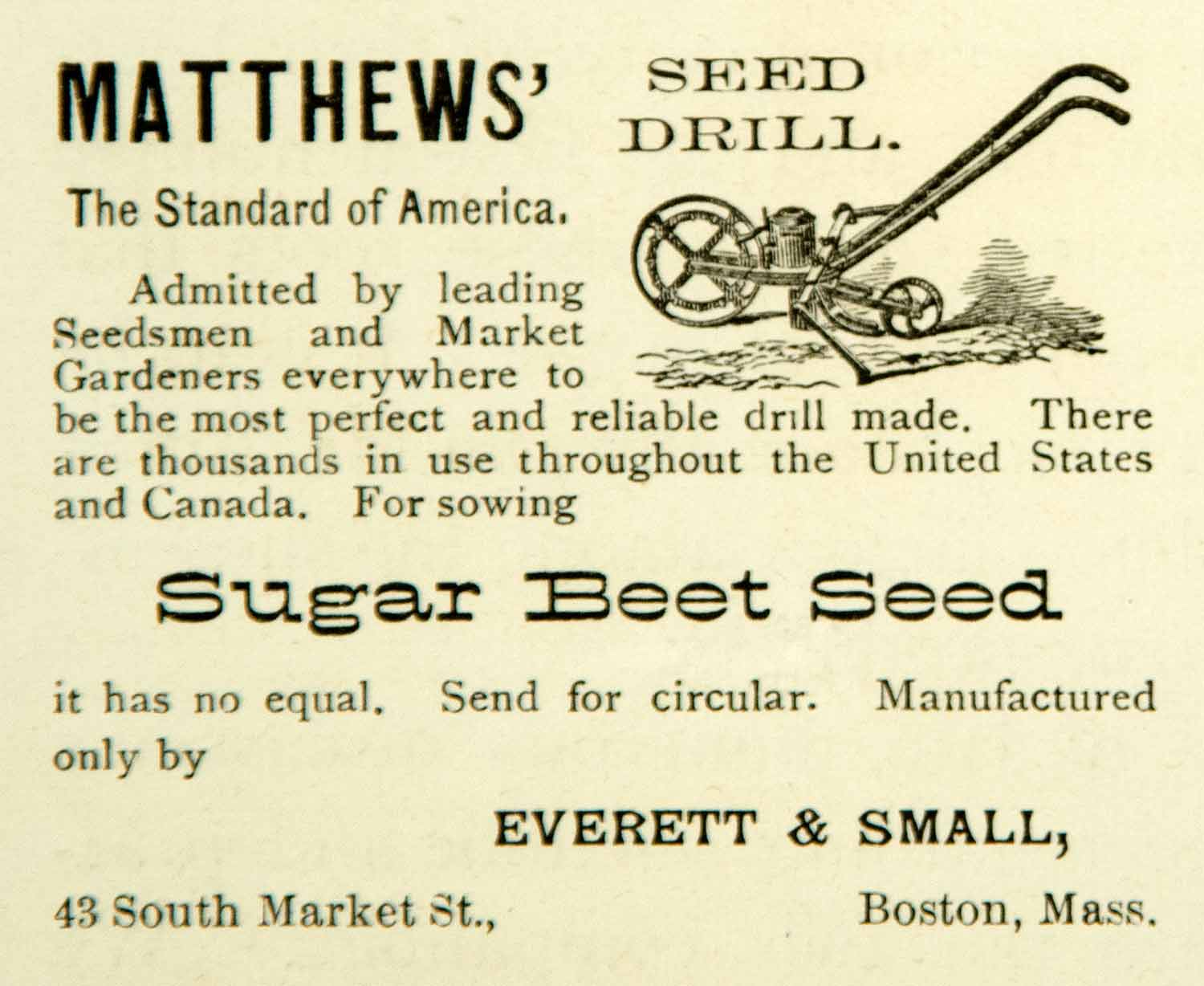 1880 Ad Antique Matthews' Seed Drill Sugar Beet Sowing Planting Farm YSB1