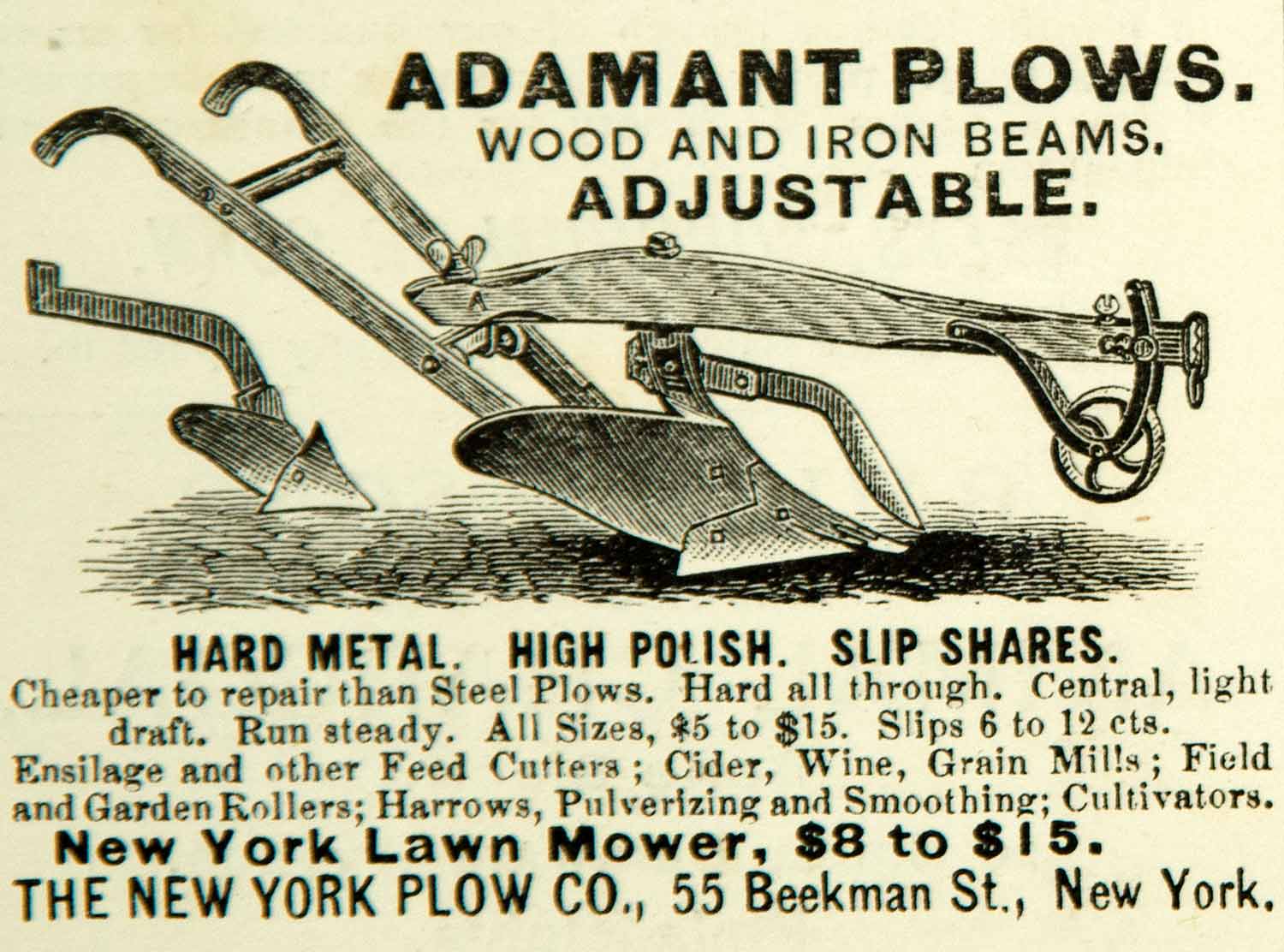 1880 Ad Antique Adamant Plow Farm Equipment 55 Beekman Street New York City YSB1