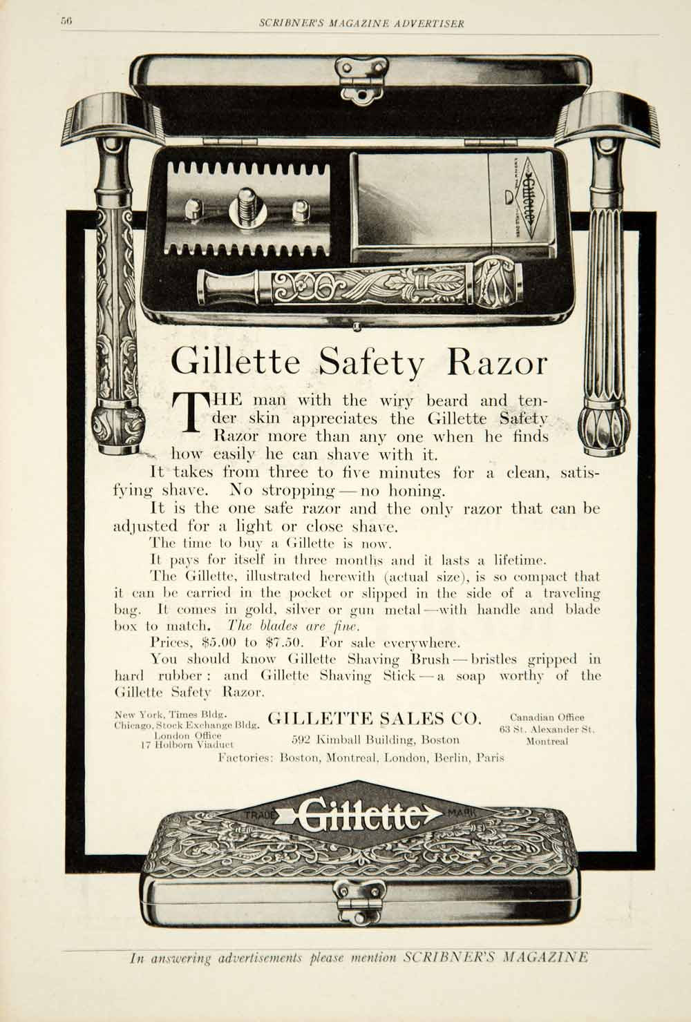 1909 Ad Gillette Safety Razor Shaving Kit Brush Stick Soap Health Beauty YSC1 - Period Paper

