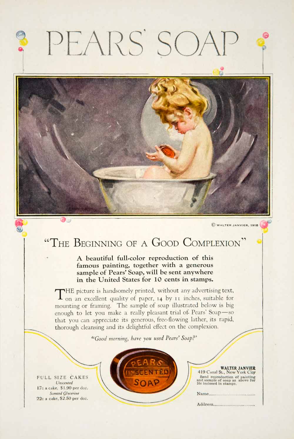1919 Ad Walter Janvier Pears Soap Baby Infant Children Health Beauty Kids YSC1