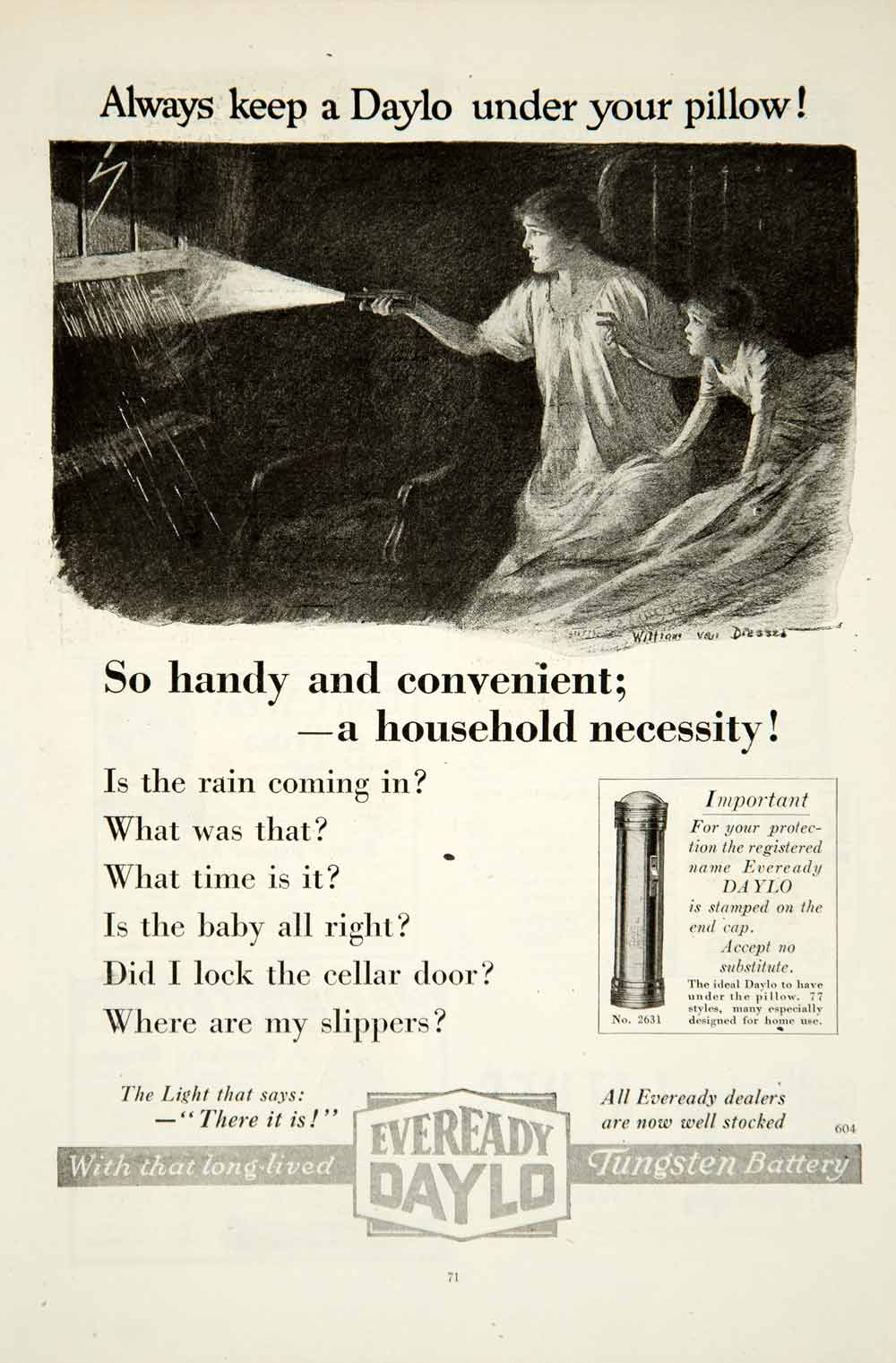 1919 Ad William Van Dresser Art Eveready Daylo Flashlight Battery Household YSC1